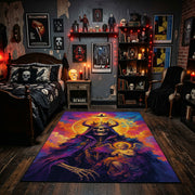 Vivid Skeleton Figure Area Rug displayed beneath gothic wall art