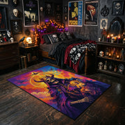 Vivid Skeleton Figure Area Rug styled with red shelves and spooky ornaments