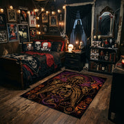 Ornate Gothic Skull Area Rug styled in a gothic bedroom with dark furniture