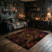Ornate Gothic Skull Area Rug wide room view with Halloween decorations