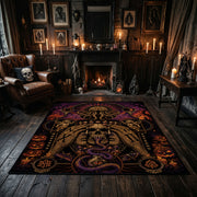 Ornate Gothic Skull Area Rug displayed beside red accented shelving