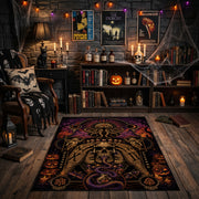 Ornate Gothic Skull Area Rug front view in a warm candlelit room
