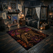 Ornate Gothic Skull Area Rug displayed in a richly decorated room