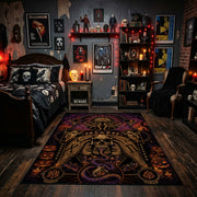 Ornate Gothic Skull Area Rug displayed beneath gothic wall art