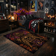 Ornate Gothic Skull Area Rug styled with red shelves and spooky ornaments