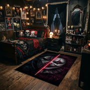 Split Shadow Mask Area Rug styled in a gothic bedroom with dark furniture