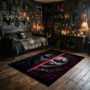 Split Shadow Mask Area Rug wide room view with Halloween decorations