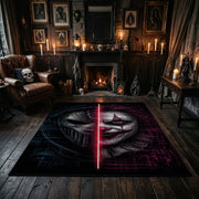 Split Shadow Mask Area Rug displayed beside red accented shelving