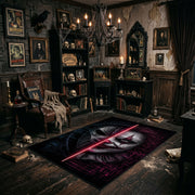 Split Shadow Mask Area Rug angled view beside gothic bedroom furniture
