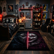 Split Shadow Mask Area Rug displayed beneath gothic wall art