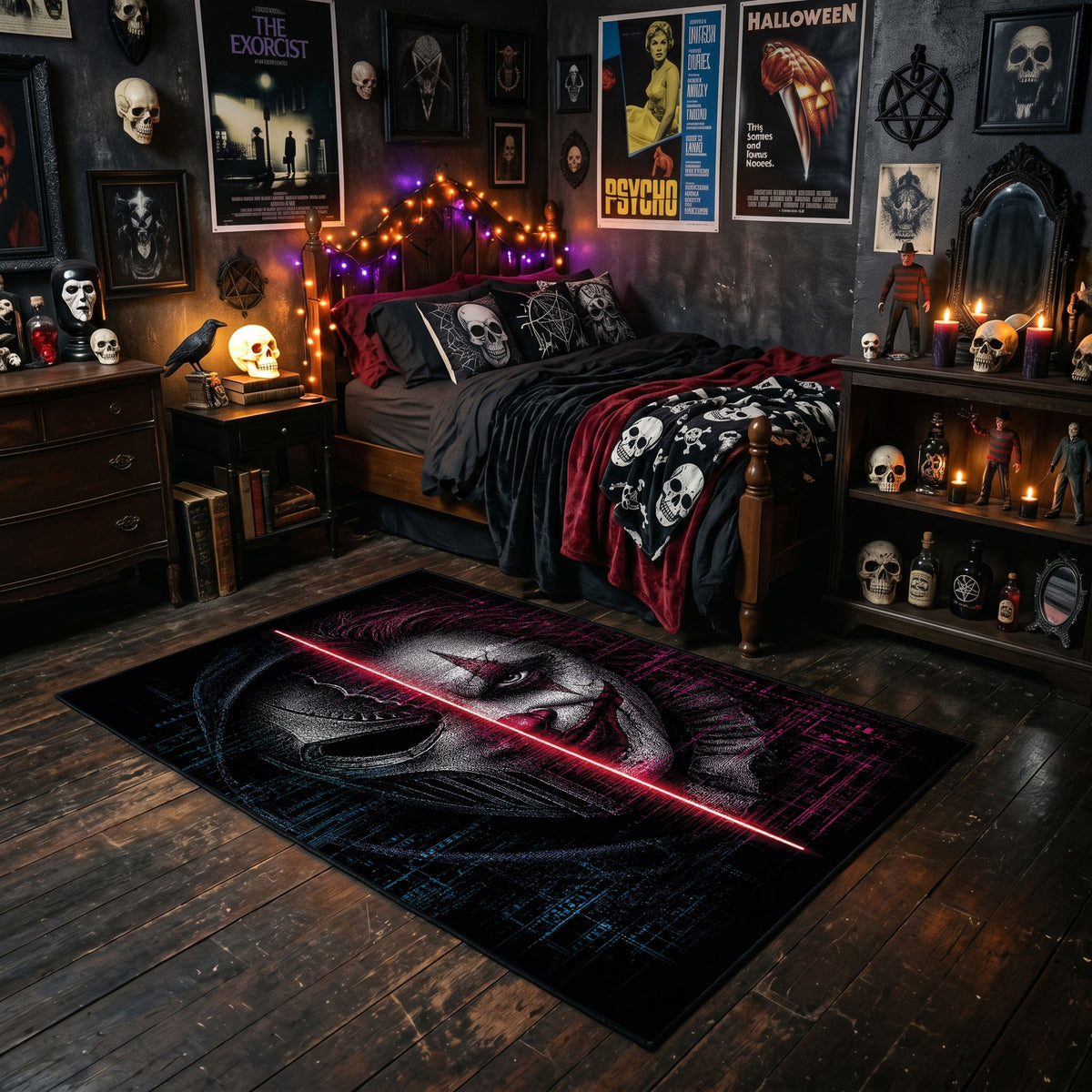 Split Shadow Mask Area Rug styled with red shelves and spooky ornaments