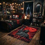 Red Moon Cloaked Reaper Area Rug styled in a gothic bedroom with dark furniture