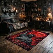 Red Moon Cloaked Reaper Area Rug wide room view with Halloween decorations