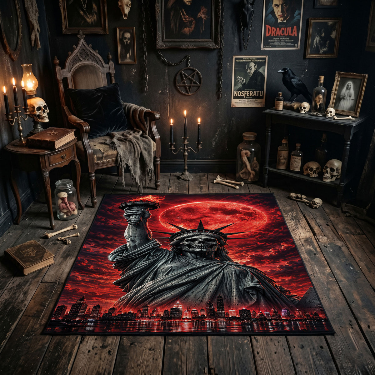 Red Moon Cloaked Reaper Area Rug styled in a candlelit gothic living room