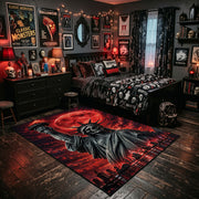Red Moon Cloaked Reaper Area Rug shown beside a dark bed in a Halloween themed bedroom