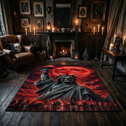 Red Moon Cloaked Reaper Area Rug displayed beside red accented shelving