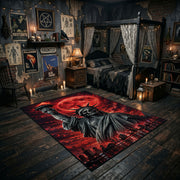 Red Moon Cloaked Reaper Area Rug displayed in a richly decorated room