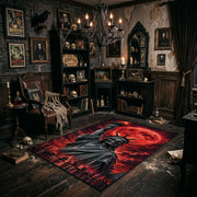 Red Moon Cloaked Reaper Area Rug angled view beside gothic bedroom furniture