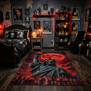 Red Moon Cloaked Reaper Area Rug displayed beneath gothic wall art