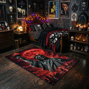Red Moon Cloaked Reaper Area Rug styled with red shelves and spooky ornaments
