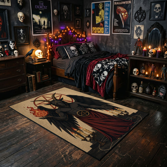 Winged Horned Figure Area Rug styled with red shelves and spooky ornaments