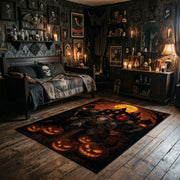 Haunted Pumpkin Night Area Rug wide room view with Halloween decorations