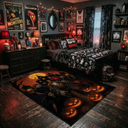 Haunted Pumpkin Night Area Rug shown beside a dark bed in a Halloween themed bedroom
