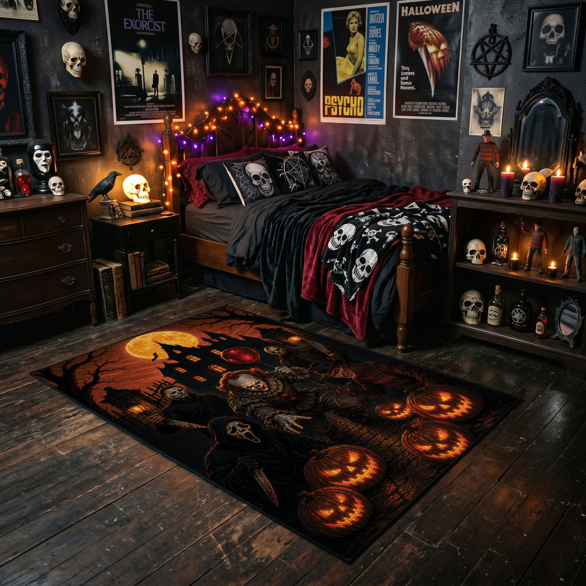 Haunted Pumpkin Night Area Rug styled with red shelves and spooky ornaments