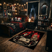 Occult Spellbook Area Rug styled in a gothic bedroom with dark furniture