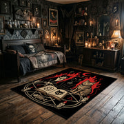 Occult Spellbook Area Rug wide room view with Halloween decorations