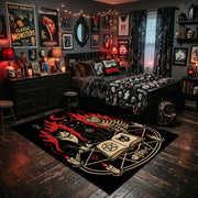 Occult Spellbook Area Rug shown beside a dark bed in a Halloween themed bedroom