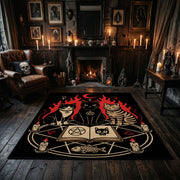 Occult Spellbook Area Rug displayed beside red accented shelving