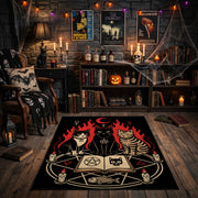 Occult Spellbook Area Rug front view in a warm candlelit room