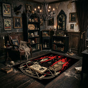 Occult Spellbook Area Rug angled view beside gothic bedroom furniture