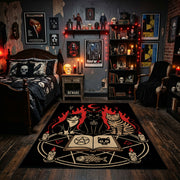 Occult Spellbook Area Rug displayed beneath gothic wall art