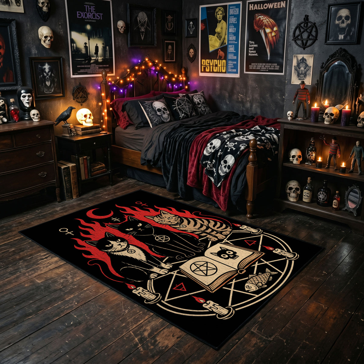 Occult Spellbook Area Rug styled with red shelves and spooky ornaments