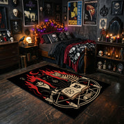 Occult Spellbook Area Rug styled with red shelves and spooky ornaments