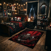 Sinister Clown Area Rug styled in a gothic bedroom with dark furniture