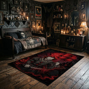 Sinister Clown Area Rug wide room view with Halloween decorations