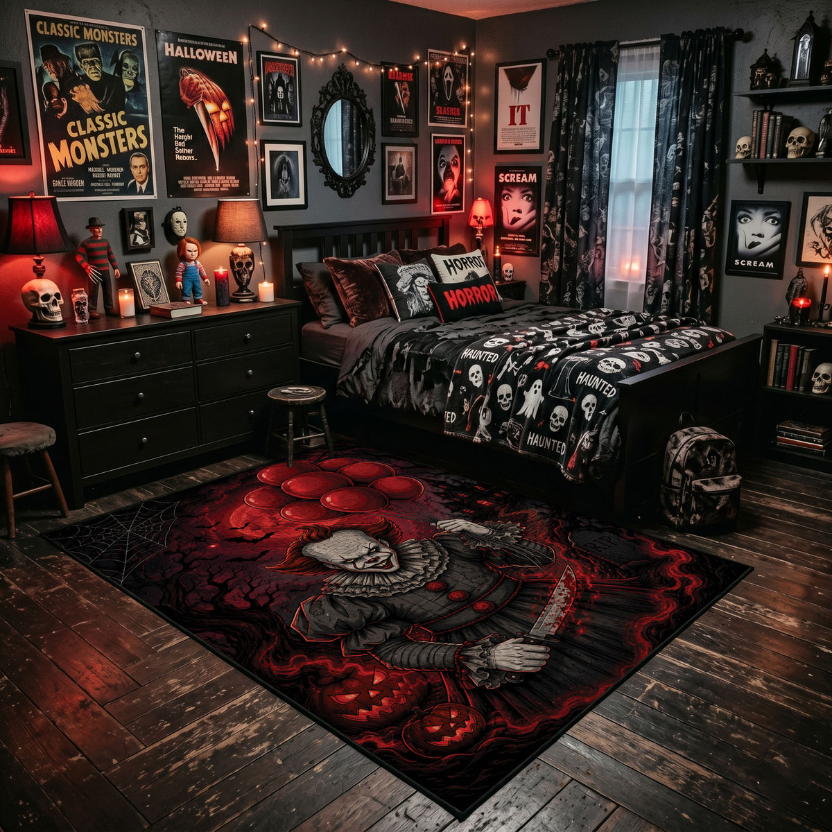 Sinister Clown Area Rug shown beside a dark bed in a Halloween themed bedroom