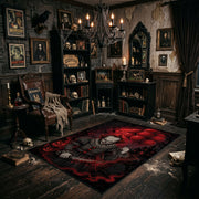Sinister Clown Area Rug angled view beside gothic bedroom furniture