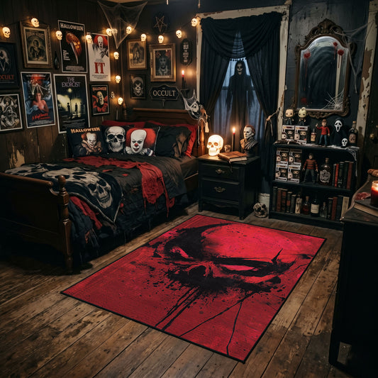 Black Skull on Red Area Rug styled in a gothic bedroom with dark furniture