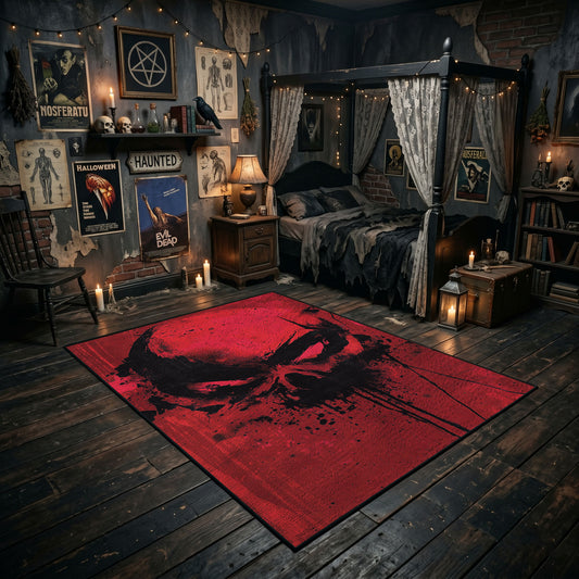 Black Skull on Red Area Rug displayed in a richly decorated room
