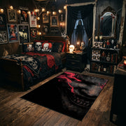 Shadow Face Area Rug styled in a gothic bedroom with dark furniture