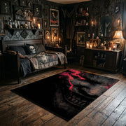 Shadow Face Area Rug wide room view with Halloween decorations
