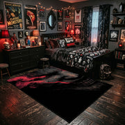 Shadow Face Area Rug shown beside a dark bed in a Halloween themed bedroom