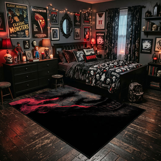 Shadow Face Area Rug shown beside a dark bed in a Halloween themed bedroom