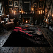 Shadow Face Area Rug displayed beside red accented shelving