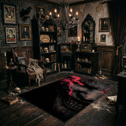 Shadow Face Area Rug angled view beside gothic bedroom furniture