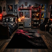 Shadow Face Area Rug displayed beneath gothic wall art